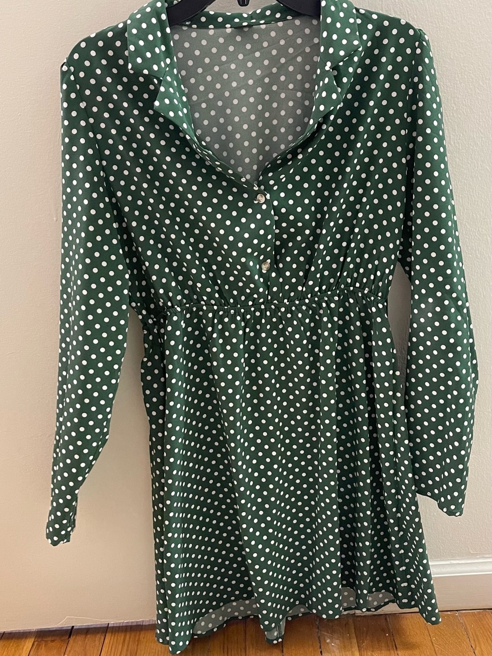 Hunter Green White Polka Dot Long Sleeve Mini Dress Collared V-Neck L - Picture 1 of 4
